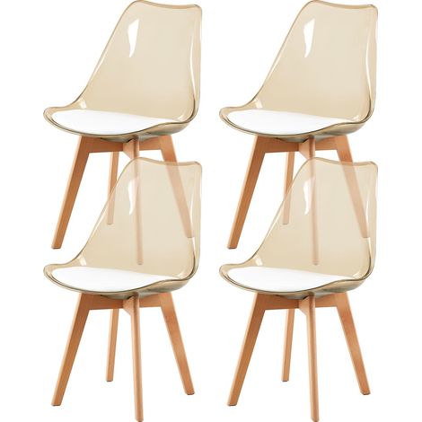 Eggree – Lot de 4 chaises salle à manger scandinaves – Pieds en bois de hêtre – Chaises transparentes marron avec coussin en cuir PU blanc – Dimensions 46x41x83cm (1/5)