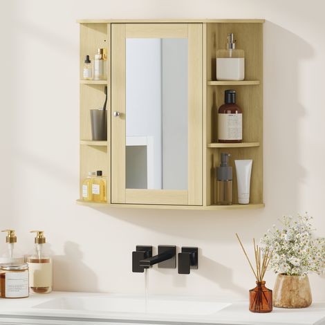 Naturel 66x17x63 cm - Armoire de salle de bain doté de armoire murale miroir avec étagères ouvertes (1/4)