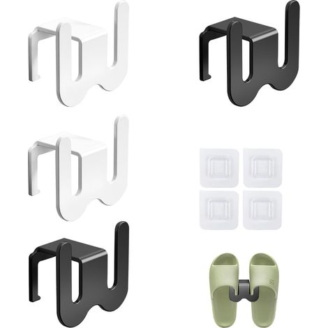 Support Mural pour Pantoufles, 4 Pièces, Range Chaussure Sans Perçage, Mural, Etagère à Chaussures Aluminium Spatial, Blanc et Noir, pour Salle de Bain, Salon, Chambre (1/5)