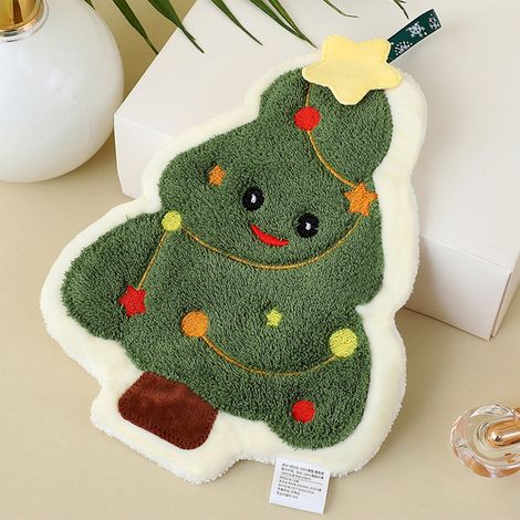 Serviette De Main De Noël - Forme D'Arbre Et Visage De Père Noël - En Peluche Douce - Pour Cuisine Salle De Bain Bar - Vert - Lot De 1 (1/5)
