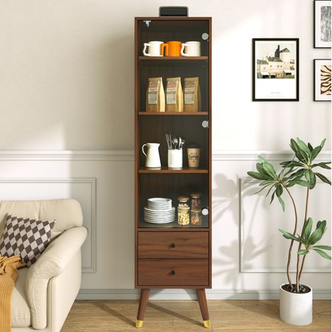 Vitrine haute moderne en MDF couleur noyer avec porte vitrée et 2 tiroirs (1/5)