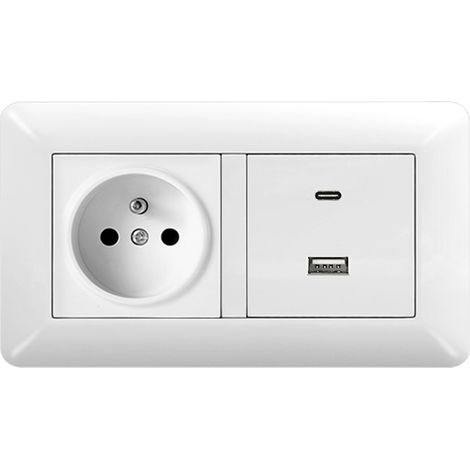 Prise Murale Française Type E 16A 220-250V, Charge Rapide USB-A + USB-C, Modèle 146 Encastrée, Plaque en Verre Blanc