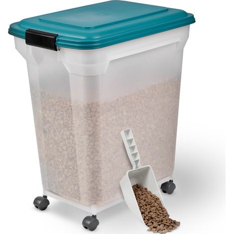 Iris Ohyama, Boite à croquette 45L pour 15kg, Hermétique, Pelle, Roulettes incluses, pour chien et chat, ATS-L, Bleu Canard