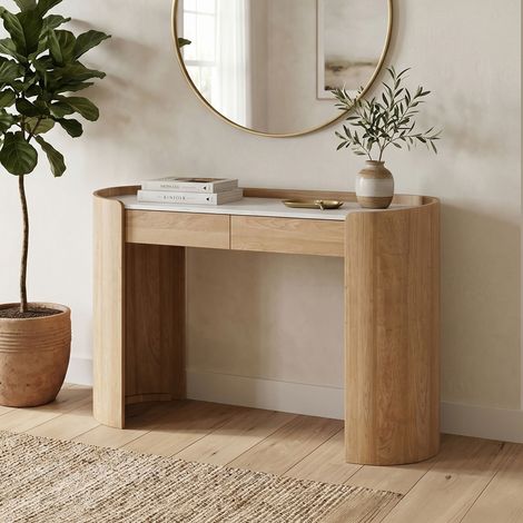 Console 2 tiroirs 120x45x82cm en bois de manguier et marbre - SEITO (1/5)