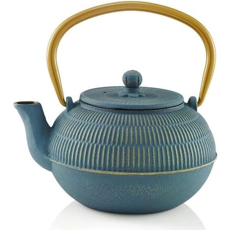 Théière fonte japonaise 0,9L, infuseur inox, anse rabattable, bec anti-goutte, tous feux, bleue orientale.