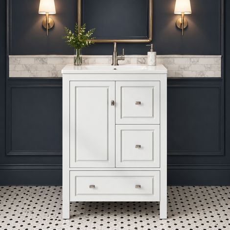 Mobile bagno con lavabo in ceramica 62 x 47 x 90 cm, 1 anta, 3 cassetti, bianco DESVIAE (1/5)