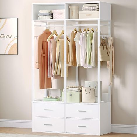 Armoire 100 cm, Stockage Ouvert, Bois de Fer, 4 tiroirs en Bois, Compartiment de Rangement Supérieur, Style Moderne, Convient aux Chambres et aux dressings, 100 x 43 x 185 cm, Blanc (1/5)
