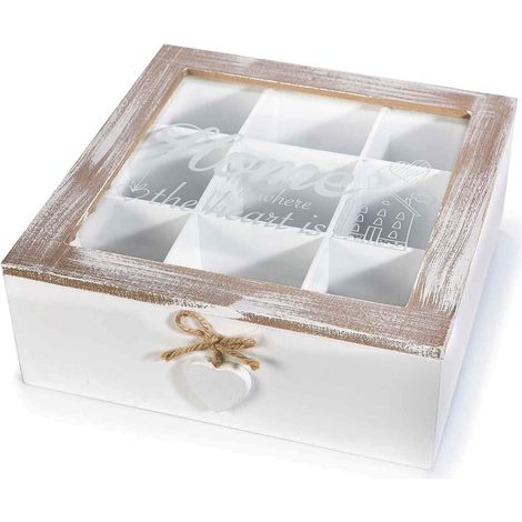 Kontarboor – Boite de rangement à thé en bois blanc avec couvercle en verre – Dimensions 24x24,5x9 cm – 9 compartiments de 7,5x7,5x6 cm (1/4)