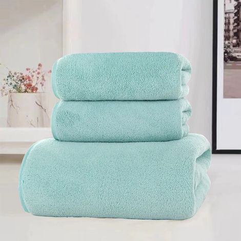Serviette De Bain - Lot De 3 Serviettes En Coton - 1 Serviette De Bain 70x140 Cm 1 Serviette De Main 35x75 Cm 1 Gant De Toilette 35x75 Cm - Vert - Pour Adultes (1/5)
