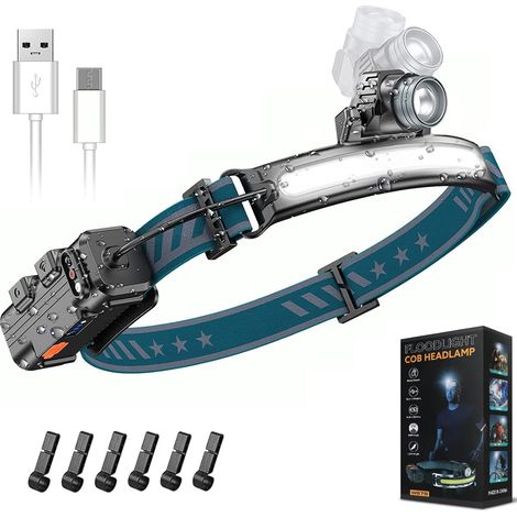 Lampe Frontale LED Rechargeable USB,Torche Frontale Sensor Zoom 6 Modes d'Éclairage,Étanche et Léger Lampe Phare pour la Pêche de Nuit,Randonnée,Camping,Réparation [Classe énergétique A+++]