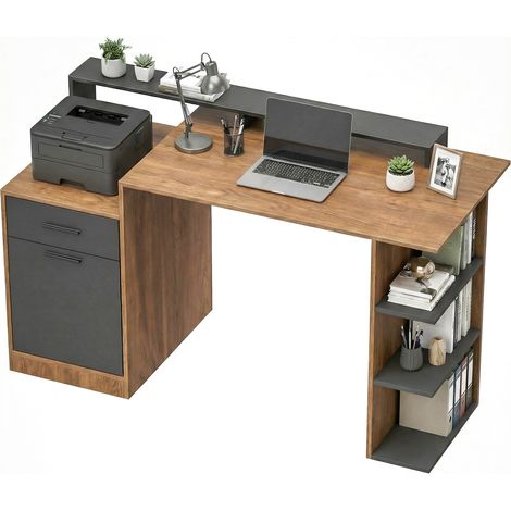 Bureau ordinateur avec étagères rangement 140 cm, table de travail moderne design ergonomique effet chêne maison (1/5)