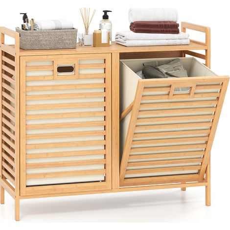 Costway – Panier à linge en bambou 75 L – 2 compartiments amovibles – Étagère supérieure pour détergents – Design à lattes pour ventilation