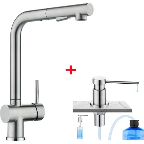 Cecipa Grifo de Cocina Extraíble Cepillado, Grifo de Cocina con Ducha Dos Tipos de Chorro de Agua + Dispensador de Jabón de Cocina con Contenedor de 300 ML Cepillado