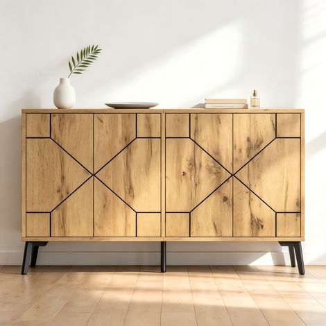 Buffet à motif ondulé, 4 portes à ouverture automatique, meuble de rangement en MDF pour salle à manger, bureau et salon, charge maximale de 50 kg, meuble de cuisine, couleur bois, 120 × 35 × 69 cm (1/4)
