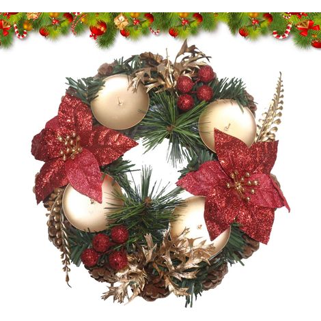 Couronne de Table pour Noël Couronne de L'avent avec des Pommes de Pin Baies Couronne décorative avec 4 photophores Bougeoir Table Centre de Table Décoration de Bureau diamètre 23cm