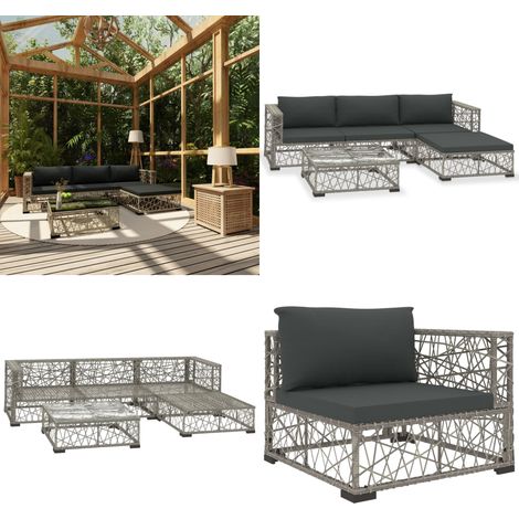 Salon de jardin 5 pcs avec coussins résine tressée gris - Salon De Jardin - Meubles De Jardin - Salon Extérieur - Set De Salon - Canapé Rotin - Home & Living (1/5)
