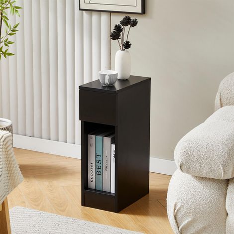 Slim Solid Wooden Bedside Table, Small Narrow Side End Table, Modern Narrow Bedroom Nightstand with Open Shelf and Drawer for Bedroom, Living Room Ava  BLACK