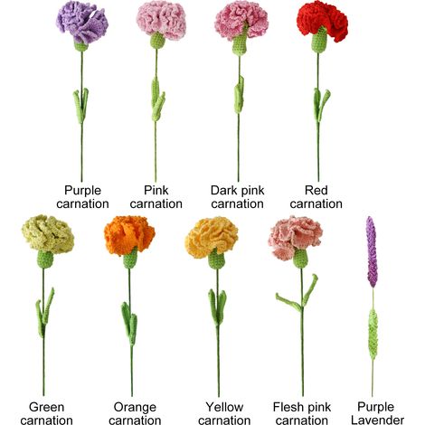 Des bouquets de fleurs artificielles exquis et des branches d'œillets, tricotés à la main avec du fil de qualité créative. (1/5)