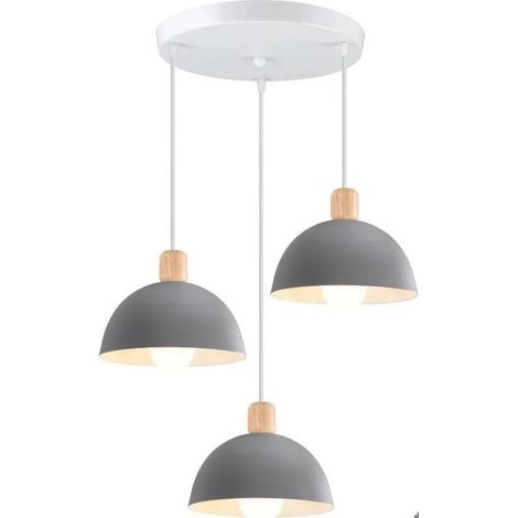 3 Lampes Suspension Luminaire Moderne 20cm Lustre Suspension Rétro Style Scandinave Plafonnier Abat-jour en Bois Métal,Gris (1/5)