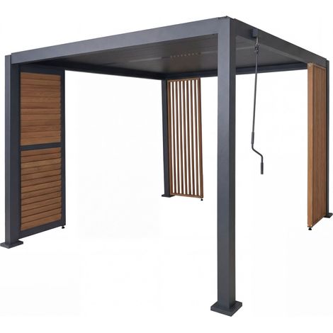 [NEUWERTIG] Pergola HHG-522 mit 1x Lamellenwand und 2x Seitenwand, Lamellen-Pavillon, 10cm-Alu-Gestell 3x3m Holzoptik anthrazit
