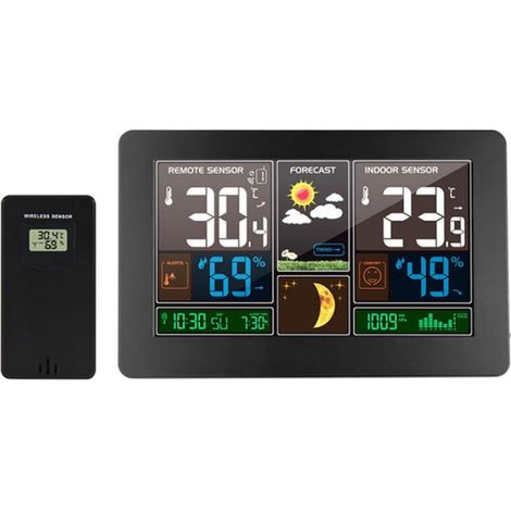 Horloge météo à écran couleur 3378 horloge météo sonde radio température et humidité intérieure 20.5133cm noir 1 pièce (1/4)