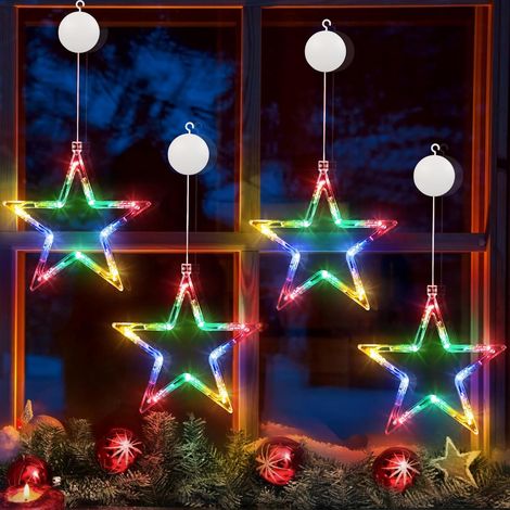 LED Sterne Weihnachtsbeleuchtung, Weihnachtsstern Fenster Lichterkette Batteriebetriebene mit Saugnäpfe, Innen Fensterlichter Timer für Weihnachten Deko Balkon Party Hochzeit, Bunt (4 Stück) (1/5)