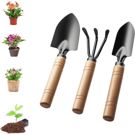 Lot de 3 mini outils de jardinage - Avec manche en bois - Petite pelle pratique - Pour bonsaï - Plante - Fleurs en pot - Sol en vrac (1/5)