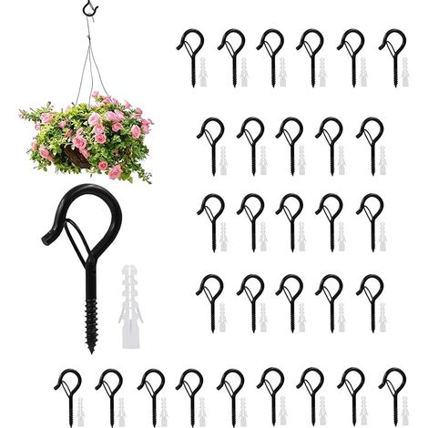 30 Pièces Crochet à Visser Noir, Crochets à Visser avec Sécurité, Crochet Plafond avec Loquet de Sécurité, pour Suspendre des Paniers à Plantes, Lanternes, Mangeoires à Oiseaux