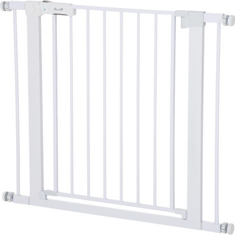 Barrière de sécurité bébé sans perçage, réglable 75–96 cm, ouverture d’une seule main, en métal blanc, fermeture automatique (1/5)