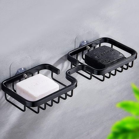 Soap Dish, Double Bar Soap Dish, Self Adhesive Shower Soap Holder Bathroom Soap Dish, Aerospace Aluminum Soap Sponge Holder (Black) (1/5)