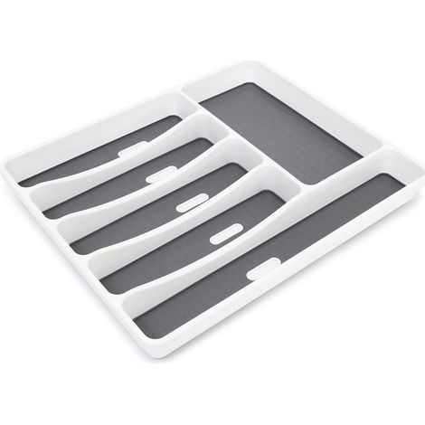 Plastic cutlery tray with 6 compartments, kitchen drawer storage, 4.6 x 32 x 40 cm, anti-slip coating & raised edges, white/anthracite (1/5)