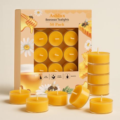 Bougies chauffe-plat Cire d'Abeille, 50 Pièces, 4h 100% naturelle, sans parfum, sans fumée, coque acrylique – idéal pour maison, Noël, mariage, spa (1/5)