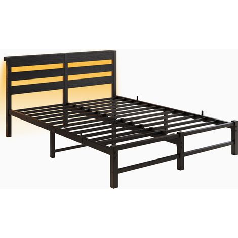 Lit double 140 x 200 cm en métal noir avec LED RGB, 2 ports USB et rangement sous le lit (1/5)