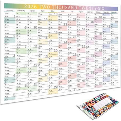 Calendrier mural 2026 – 74x53cm, 365 jours, autocollants, vierge, bureau/maison, couleur 2 (1/5)