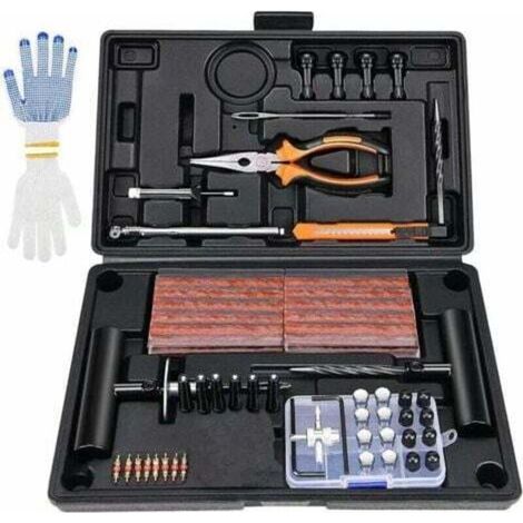 100 PCS Kit de Reparation de Pneu Moto Professionnel Meche Pneu Kit Crevaison Réparation Pneu tubeless Voiture Portable Coffret Outil Multifonction VTT kit Meche Pneu pour Jeep, Camion, Tracteur (1/4)