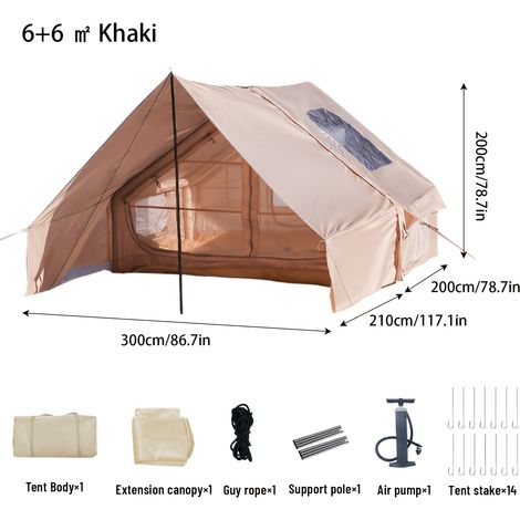 Tente Gonflable 4-6 Pers. – Montage Rapide, Pompe Incluse. 4 Saisons, Coupe-Vent. Modèle (Kaki Étendue). (1/5)