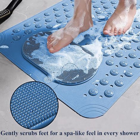 Tapis de douche pour baignoire points de massage - bleu clair, trou de drainage pour le nettoyage des pieds, avec brosse abrasive et anti-dérapant (1/5)