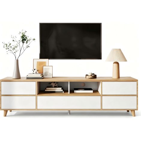 Meuble TV moderne blanc brillant,de 175 cm,Avec 4 portes et tiroirs,en mdf,Moderne,pour televiseur (1/5)