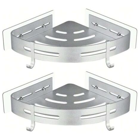 QORVA-Étagère de douche d'angle, sans perçage, sangle métallique, 2 crochets, antirouille, autocollante, accessoires de salle de bain (argent) (1/4)