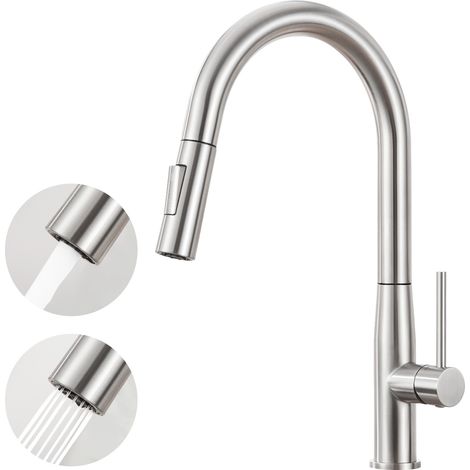 Auralum ausziehbare Küchenarmatur, Hochdruck Wasserhahn aus Edelstahl, 360° schwenkbar, Mischbatterie mit 2 Strahlarten, Gebürstet (1/5)