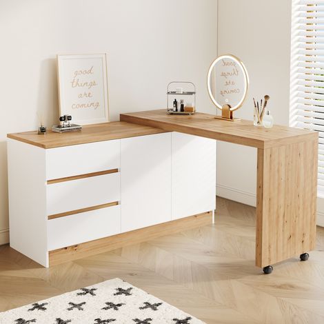 Bureau pliable à roulettes verrouillables 120 x 50 x 78 cm blanc et chêne OKWISH (1/5)