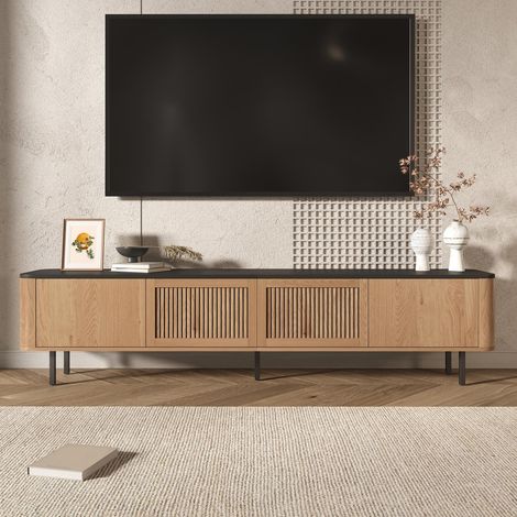 Mueble TV moderno 190 x 35 x 45 cm, mueble bajo TV con 4 puertas de rejilla estilo escandinavo, gran almacenamiento para salón, natural (1/5)