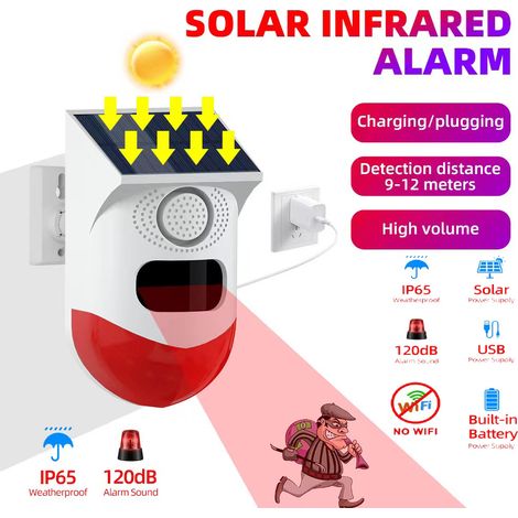 Solarbetriebener Infrarot-Ton- und Lichtalarm mit Induktionsfunktion für den menschlichen Körper, 120 dB Alarm-Blitzlicht, geeignet für Haus, Bauernhof, Scheune, Villa und Garten
