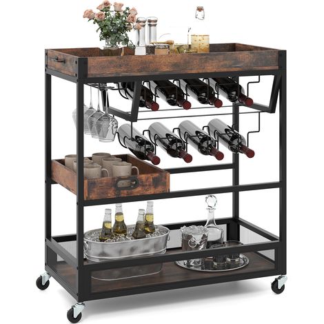 COSTWAY Kitchen Serving Cart 3-Tier Storage Trolley with Removable Tray-Brown (1/5)