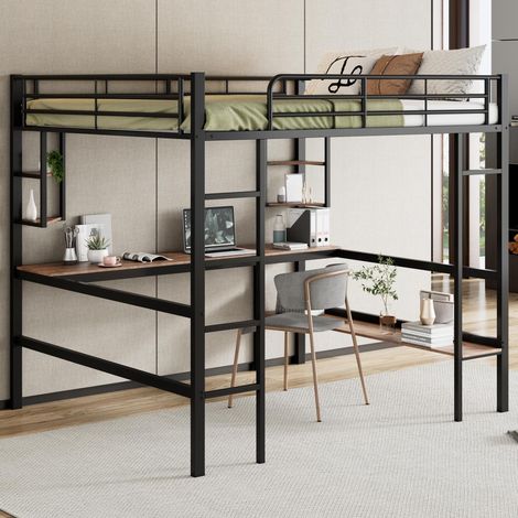 Lit mezzanine, cadre de lit en métal 140x200cm, lit en fer avec bureau intégré, sans matelas, lit mezzanine avec quatre petites étagères et une grande bibliothèque pour enfants
