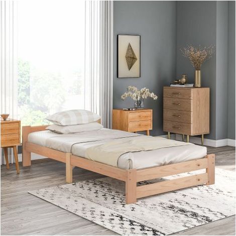 Lit adulte 90x200 cm, lit simple, lit en bois massif avec tête de lit et sommier à lattes, couleur de bois, sans matelas (1/5)