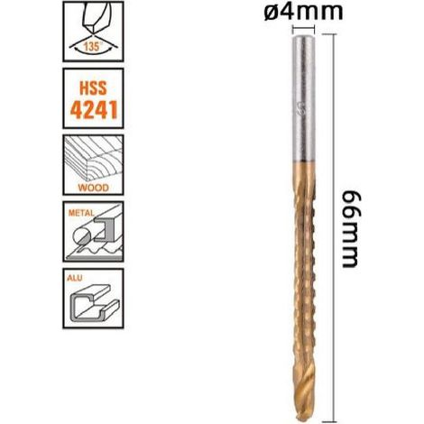 Kaela - Punta Trapano Elicoidale ø4mm X 60mm In Titanio Hss 4241 Per Metallo Legno 57148 - (1/2)