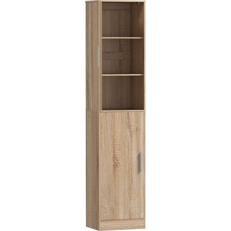 Meuble colonne salle de bain 2 portes, 4 tablettes ajustables, 40x35x180 cm, bois naturel, rangement vertical (1/5)
