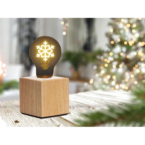 Tischlampe Würfel Holz Eiche mit Deko LED Glühbirne Schneeflocke, Quadrat 9cm (1/5)