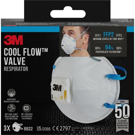 Boîte de 3 Masques anti-particules 3M™ 8822, FFP2, avec valve Cool Flow™, 3 masques